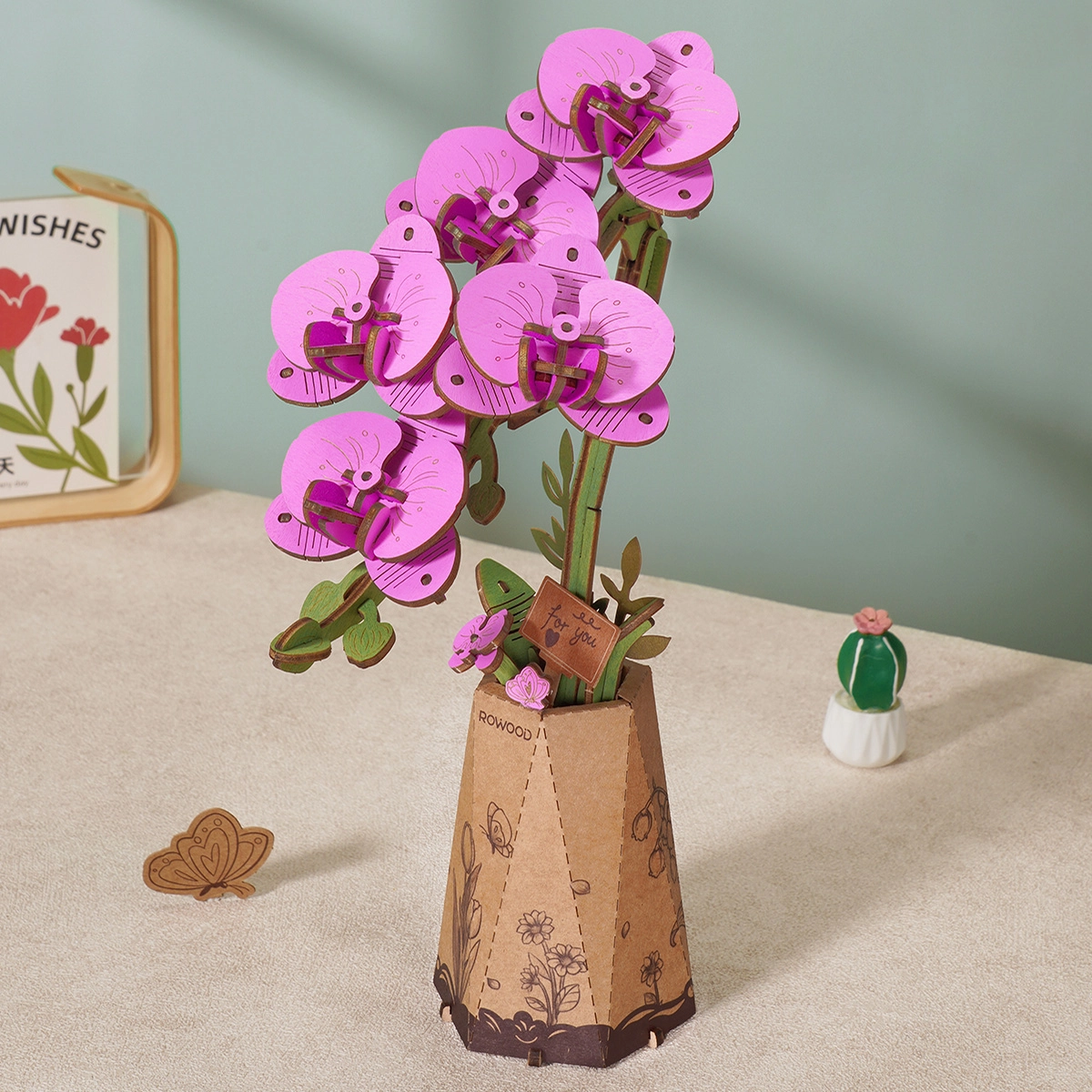 Rowood DIY Wooden 3D Flower Purple Moth Orchid - Mynd 4